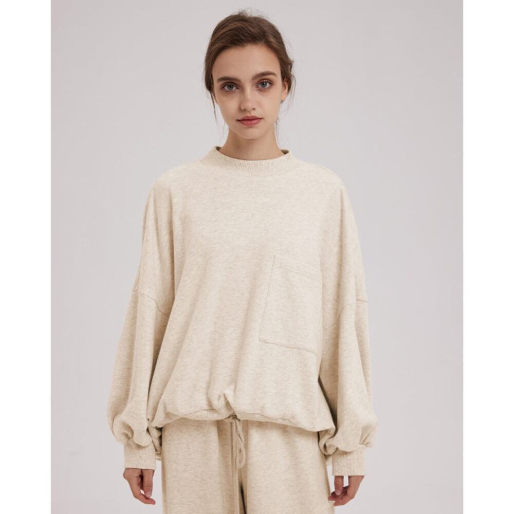 NAP Loungewear Drawstring Hem Cotton Sweatshirt Mock Neck Oversized in Cream